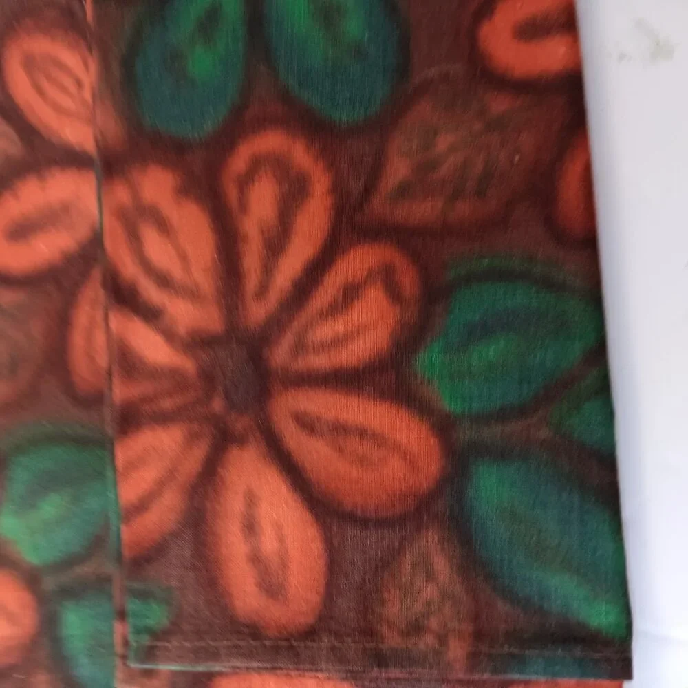 Vintage Mid Century Fabric Napkins Flowers Red Orange Brown Green Set Of 4